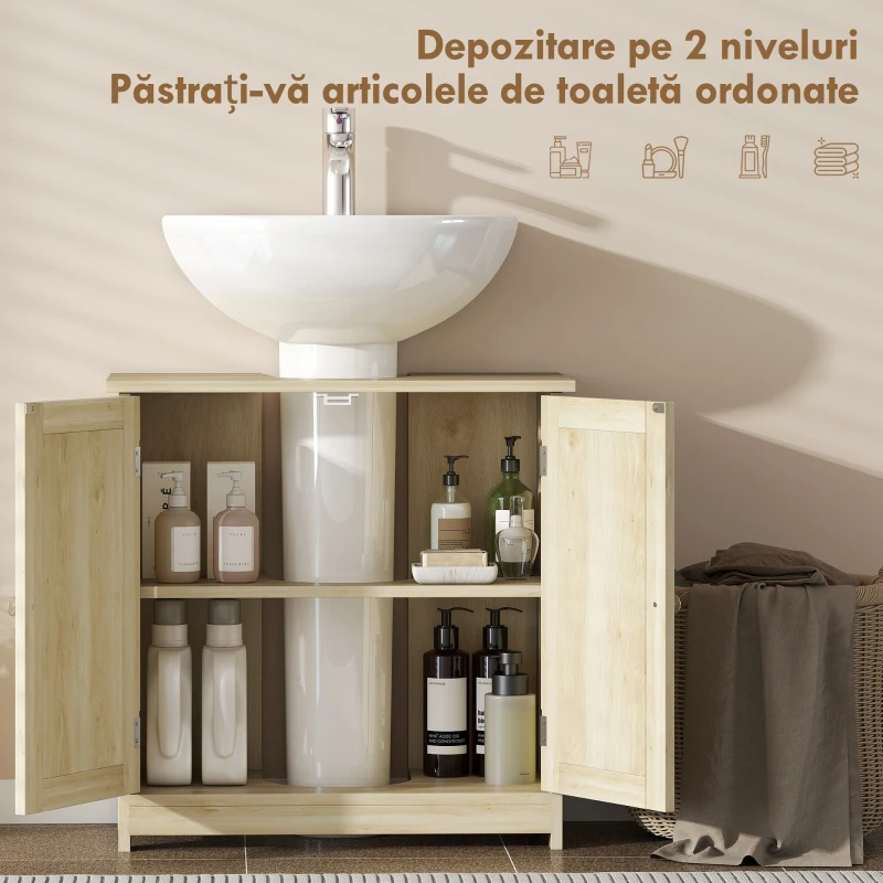 Kleankin Dulap Sub Chiuvetă cu 2 Uși și Raft Reglabil, Dulap de Baie Spațios cu Decupaj în Formă de U, 60x30x60 cm, Alb