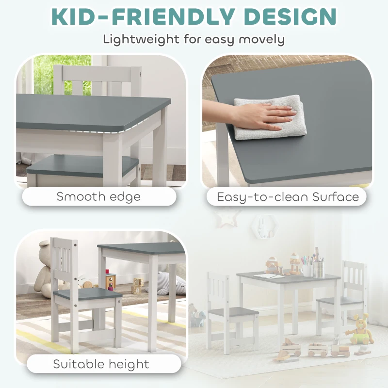 AIYAPLAY Set Măsuță și Scaune pentru Copii 3-8 Ani din Lemn Gri și Alb