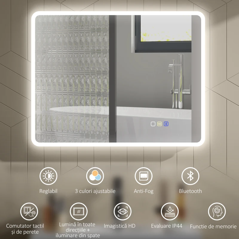 HOMCOM Oglindă de baie LED bluetooth 70 x 90 cm interruptor tactil lumină reglabilă 3 culori anti-abur memorie argintiu