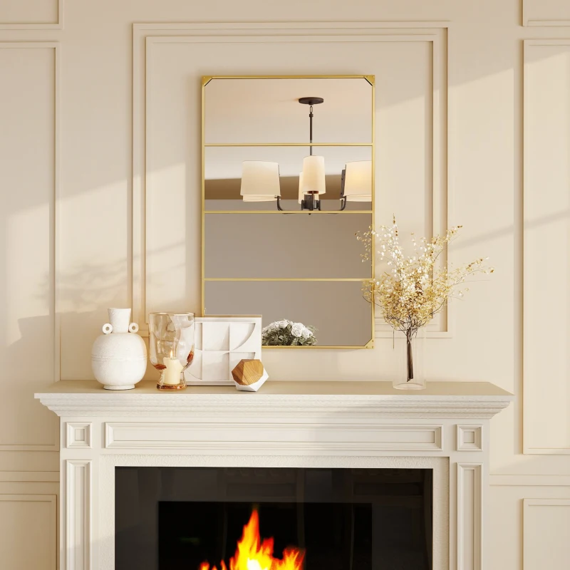 HOMCOM Miroir mural verrière rectangulaire style industriel, horizontal ou vertical avec 4 crochets, en métal doré 109 x 69 cm