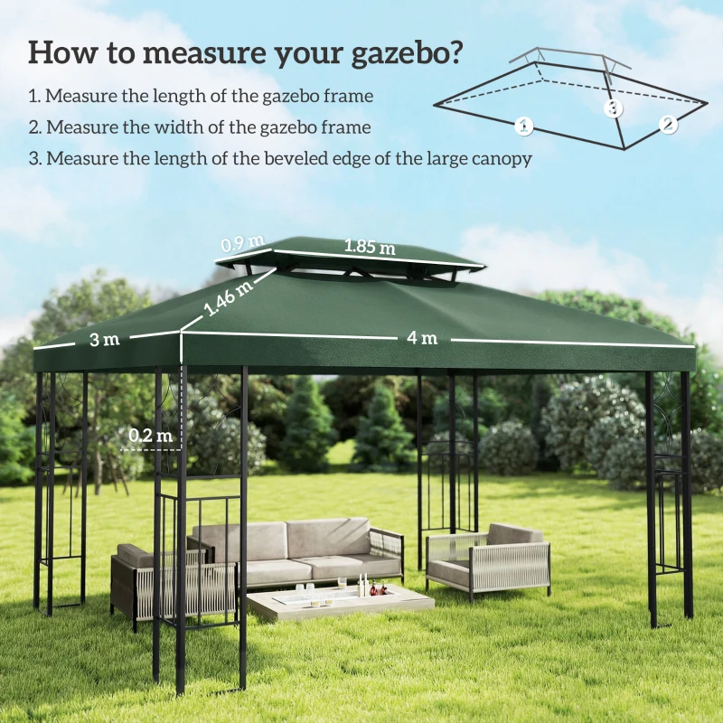 Outsunny Husă de Schimb 4x3 m cu Acoperiș Dublu, Orificii de Scurgere și Protecție UV, Doar Husa, NU Include Cadru, Verde