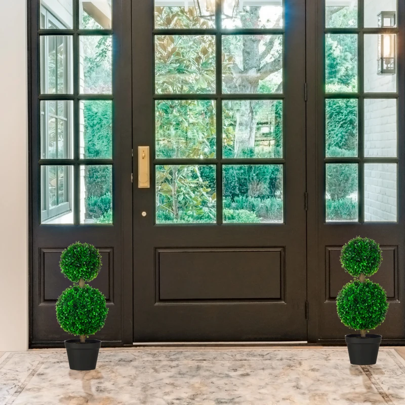 HOMCOM Lot de 2 arbres buis artificiel double boules avec tronc et pot inclus - hauteur 60 cm vert