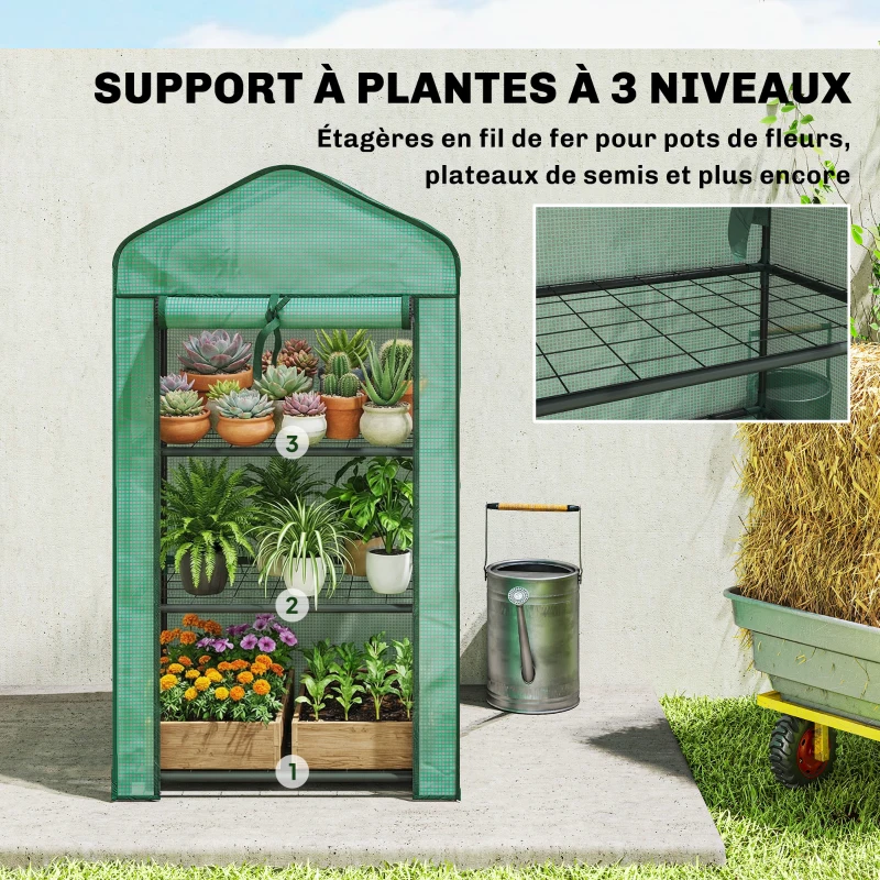 Outsunny Serre de jardin avec étagères 3 niveaux, serre de balcon, bâche renforcée PE, châssis en acier, 59 x 39 x 127 cm, vert