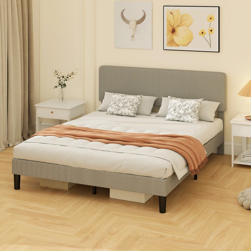 HOMCOM Cadre de lit 160 x 200 cm, sommier à lattes en bois, tête de lit réglable, lit double rembourré en velours côtelé, gris