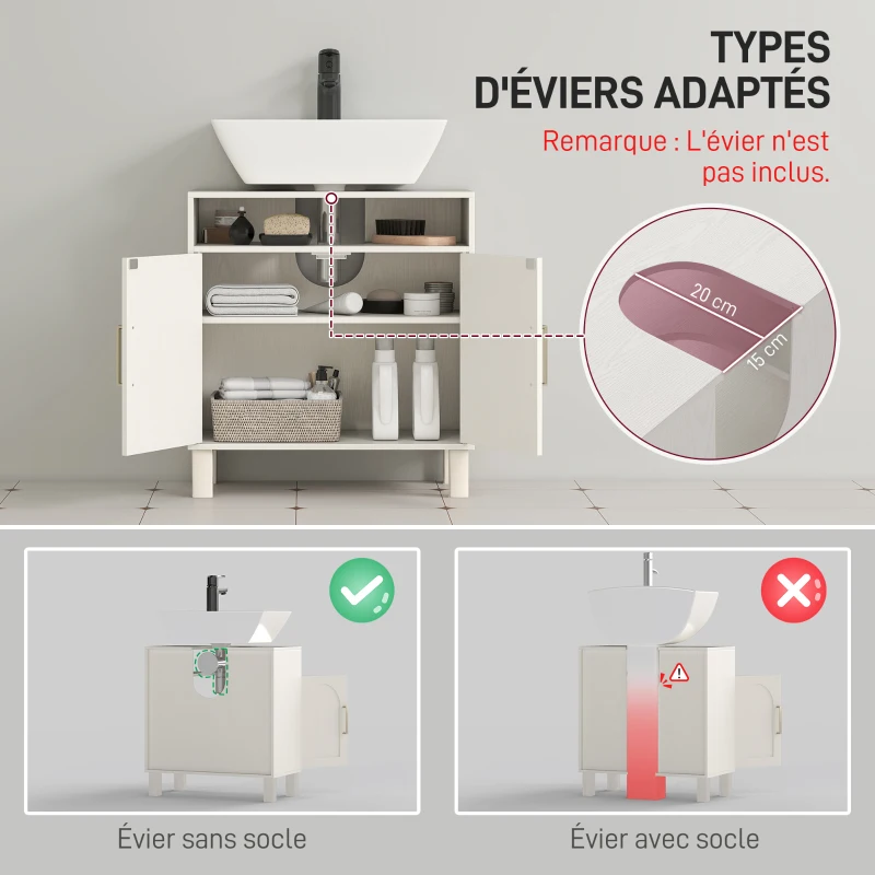 HOMCOM Meuble salle de bain sous lavabo meuble sous lavabo placard 2 portes avec étagère réglable 60 x 30 x 63 cm blanc