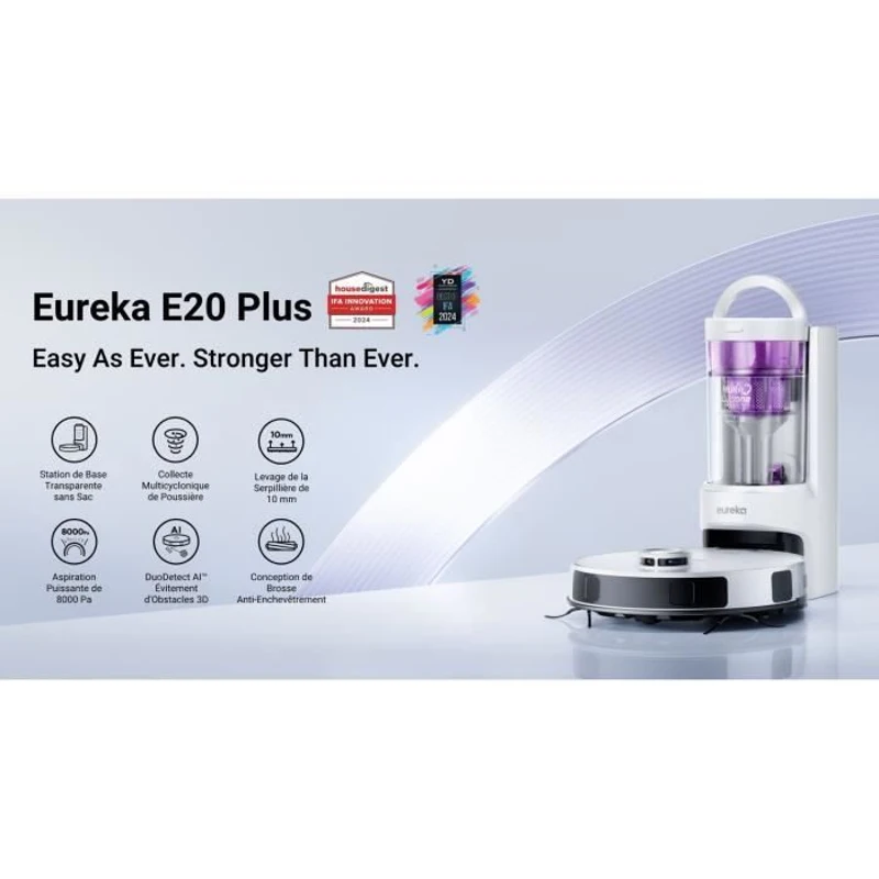 EUREKA E20 Plus - Aspirateur Robot avec Station de Vidange Automatique - 8000 Pa  - Anti Enchevetrement - Évitement d'Obstacles 3D