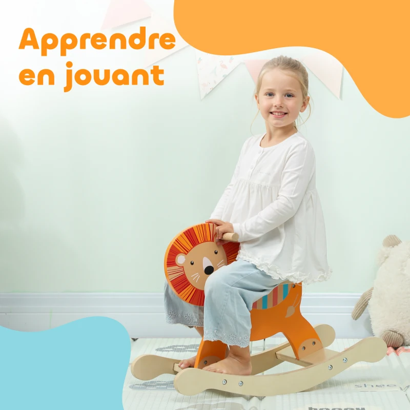 AIYAPLAY Cheval à bascule pour enfants, lion jouet à bascule bébé en bois avec guidon et base stable, 59 x 27 x 43 cm, orange