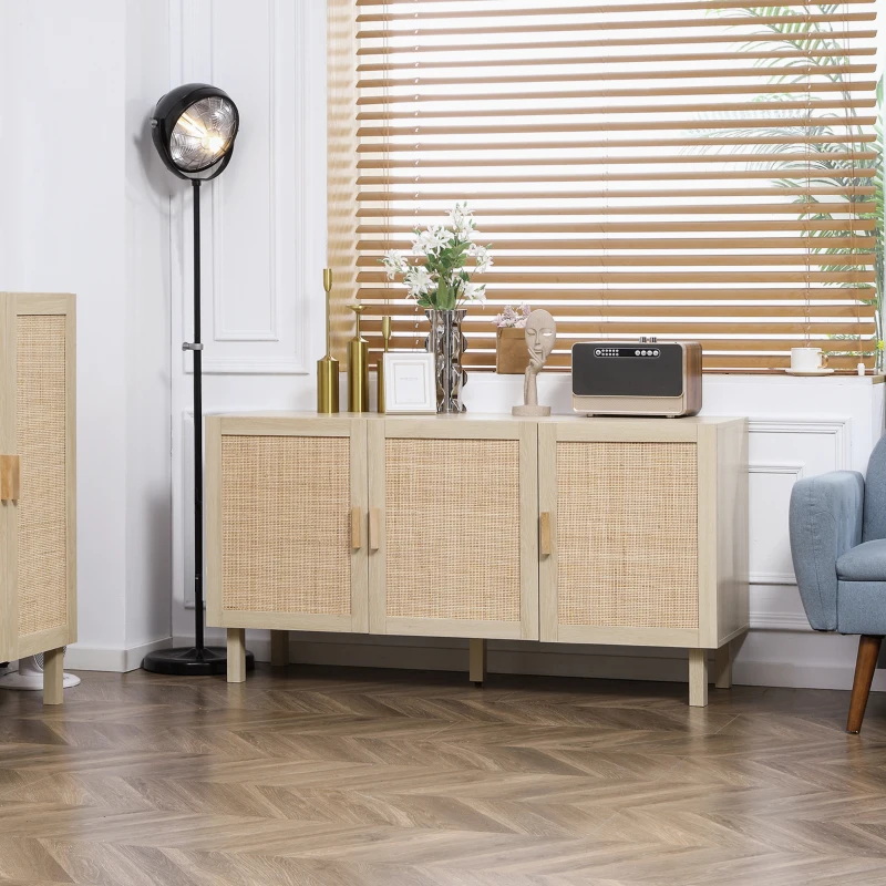 HOMCOM Buffet Meuble de Rangement Placard 3 Portes avec étagère réglable Effet cannage Style bohème - 136 x 41 x 70 cm