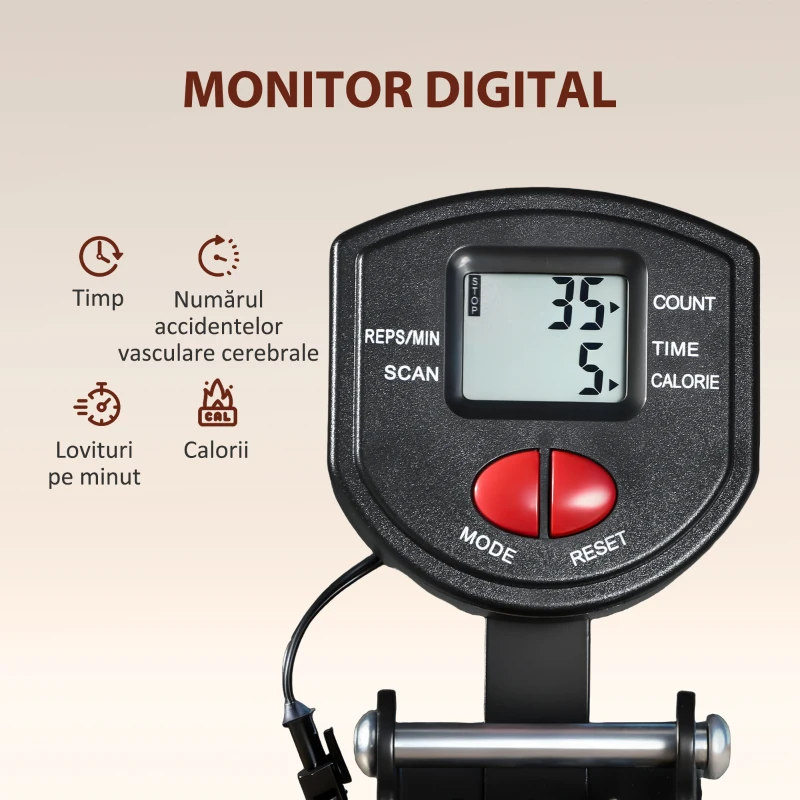 SPORTNOW Aparat de Vâslit Pliabil cu Monitor LCD și Scaun Căptușit, Rezistență Elastică, Capacitate 150 kg