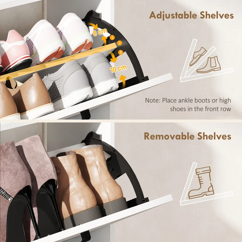 HOMCOM Dulap pentru pantofi slim cu 2 sertare rabatabile și 3 rafturi, Capacitate 15 perechi, 83x24x90.5 cm, Alb