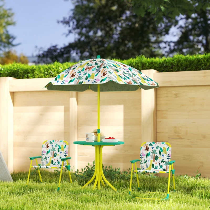 AIYAPLAY Ensemble Salon de Jardin Extérieur Enfant avec 2 Chaises Pliantes et Parasol, Thème Jungle, pour Jardin, Terrasse, Vert