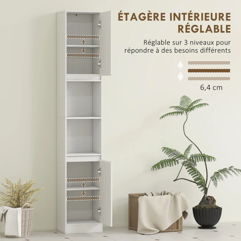 HOMCOM Meuble colonne salle de bain, meuble de rangement avec 2 portes, 2 compartiments ouverts, , 30 x 24 x 170 cm, blanc