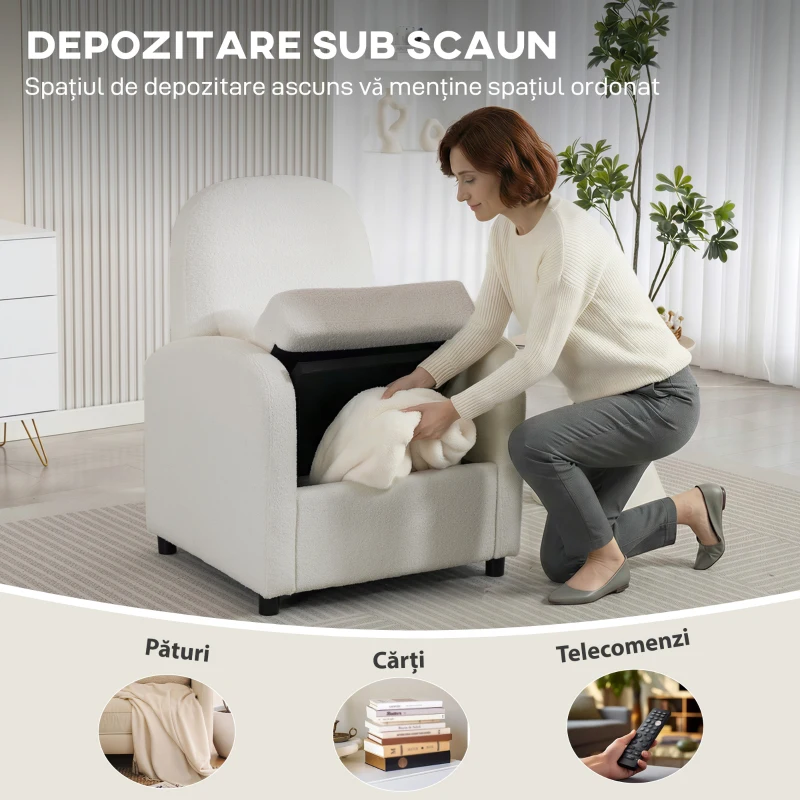 HOMCOM Fotoliu de Salon Tapițat cu Spațiu de Depozitare Ascuns, Spătar Înalt, Fotoliu Modern cu Cotiere, Pernă Lombară și Șezut Spațios, din Pluș Teddy, pentru Dormitor și Sufragerie, Crem