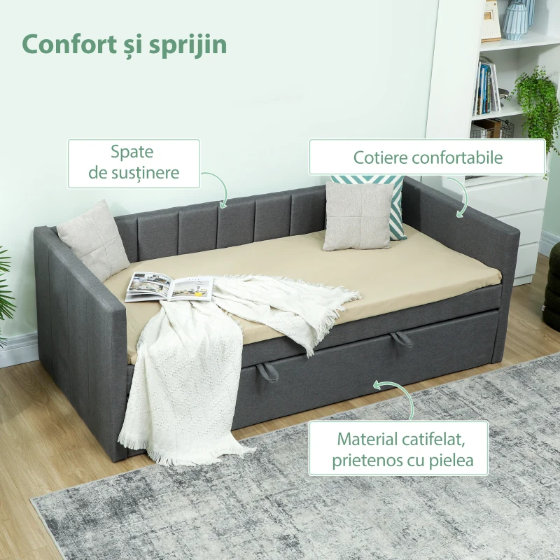 HOMCOM Cadru Pat de O Persoană 90x190 cm, Canapea cu Al Doilea Pat Extensibil, Tăblie Căptușită, Cotiere, Șipci de Lemn de Plop, pentru Cameră, Sufragerie, Gri Închis