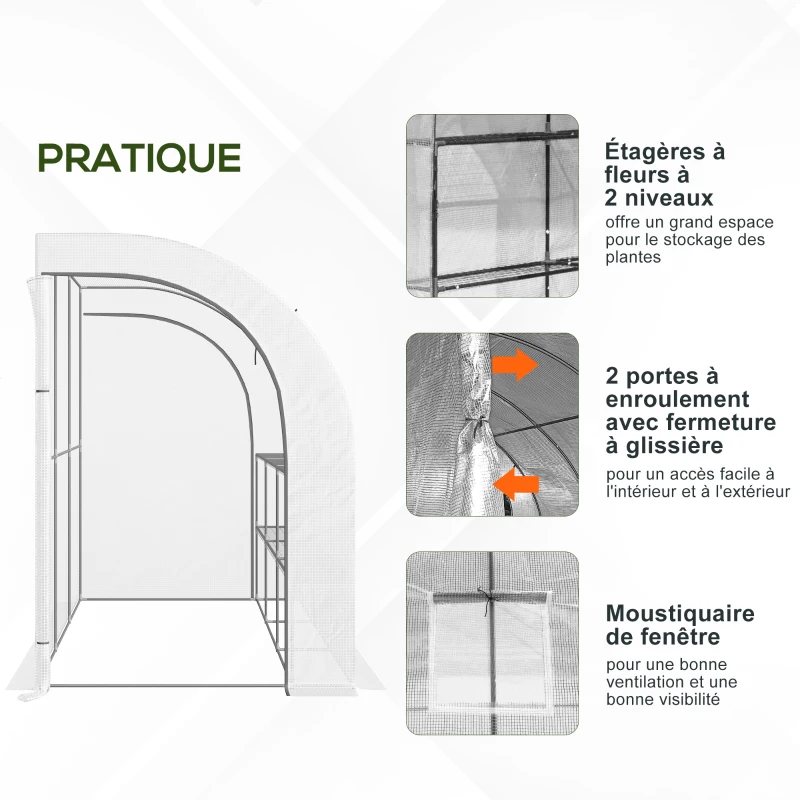 Outsunny Serre de Jardin adossée avec Étagères 3 Niveaux, Petite Serre de Balcon en Bâche PE 140 g/㎡ 300 x 150 x 213 cm, blanc