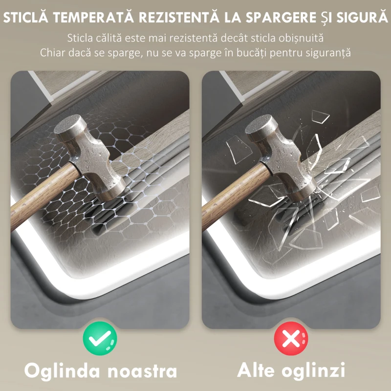 HOMCOM Oglindă de baie LED bluetooth 70 x 90 cm interruptor tactil lumină reglabilă 3 culori anti-abur memorie argintiu