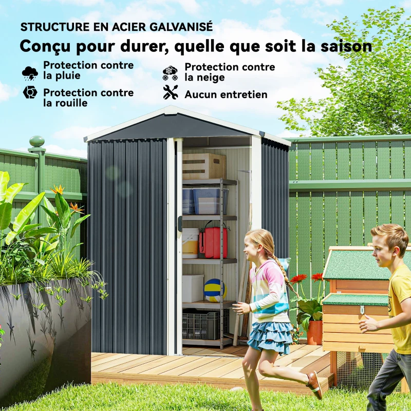 Outsunny Abri de jardin en métal 1,2 m², cabane jardin extérieure, porte coulissante verrouillable et gants, 136x87x179cm, gris