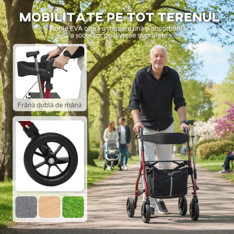 HOMCOM Deambulator cu Scaun și Spătar pentru Vârstnici Pliabil, Reglabil pe Înălțime, Suport pentru Baston, Roșu