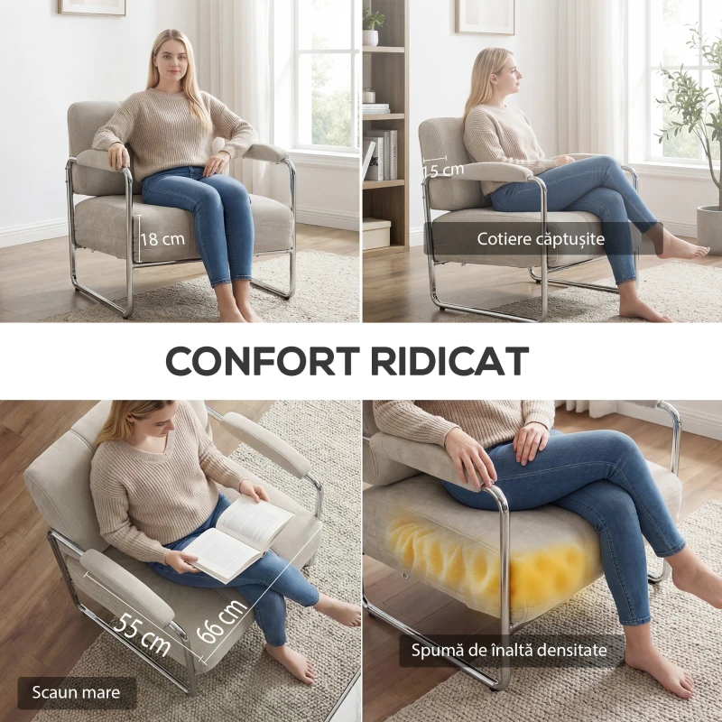 HOMCOM Fotoliu Living cu Tapițerie Groasă, Șezut Spațios, Cusături Duble, Fotoliu pentru Dormitor din Chenille Moale, Ușor de Asamblat, Cadru din Oțel, pentru Sufragerie, Birou, Bej