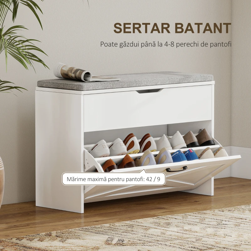 HOMCOM Bancă pentru Pantofi cu Sertar Rabatabil și Compartiment de Depozitare, Capacitate 8 Perechi de Pantofi, 80x30x55 cm, Alb
