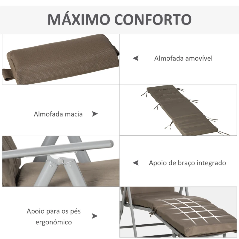 Outsunny Espreguiçadeira Dobrável de Jardim com Encosto Ajustável em 7 Posições Almofadas para Corpo Inteiro e Cabeça 137x63,5x100,5 cm Castanho