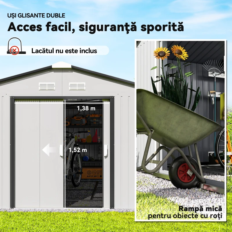 Outsunny Magazie de Grădină 12,4 m² 340x386x200 cm cu Uși Glisante, Acoperiș Înclinat și 4 Guri de Aerisire, Albă