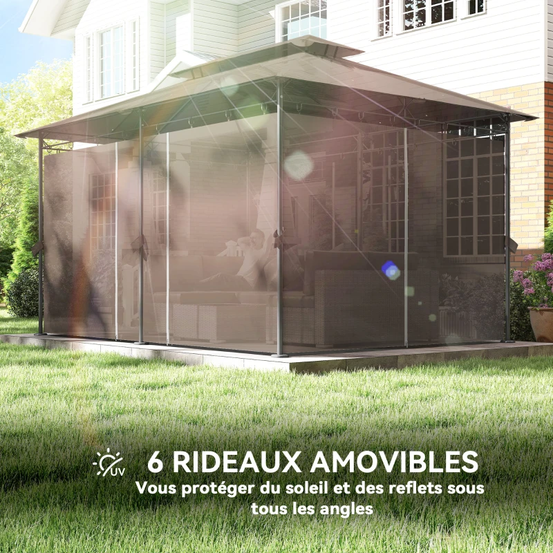 Outsunny Tonnelle de jardin extérieur pavillon 6 colonnes double toit 12 oeillets de drainage en métal 3x4m kaki