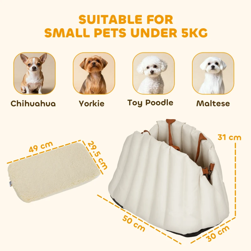 PawHut Scaun Auto pentru Câini Mici cu Lesă de Siguranță și Bază Antiderapantă, Transportator Convertibil în Geantă pentru Animale de Companie, Crem