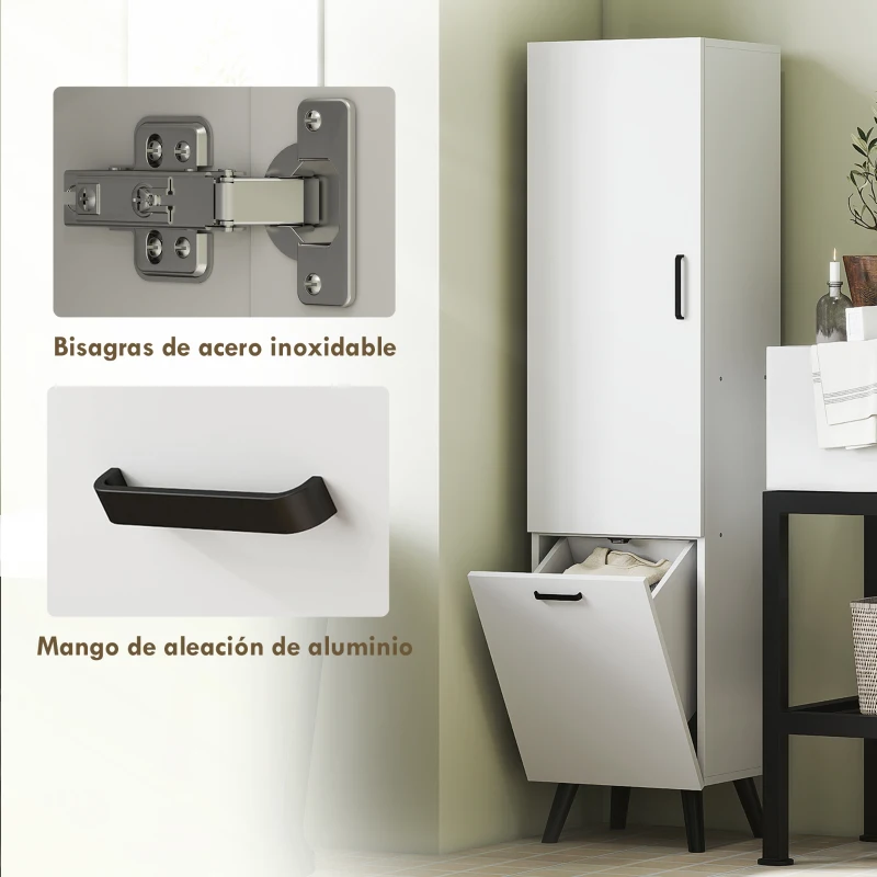 HOMCOM Armario Alto para Baño con Puertas y Estantes Cesto para Ropa Sucia en Espacios Reducidos 35x31,5x144 cm Blanco