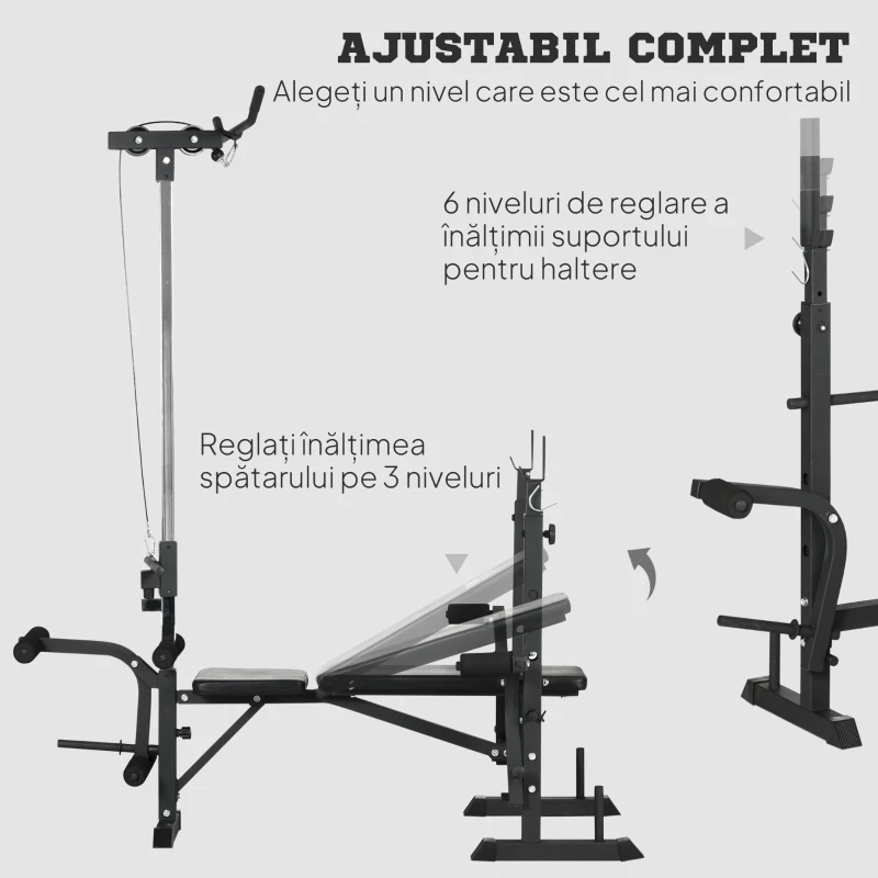 HOMCOM Bancă Multifuncțională pentru Fitness cu Pulley System, Suport pentru Haltere și Spătar Reglabil, Bancă pentru Greutăți Înclinată cu Extensie pentru Picioare, Chest Fly, Suport pentru Greutăți, Antrenament Acasă
