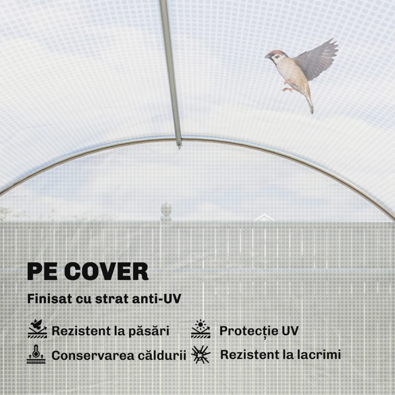 Outsunny Seră de Grădină Tip Tunel 4x3x2 m cu Uși Rulabile și 6 Ferestre, Seră pentru Plante cu 2 Suporturi Diagonale, Cadru din Oțel și Husă PE, pentru Legume, Flori și Fructe, Alb