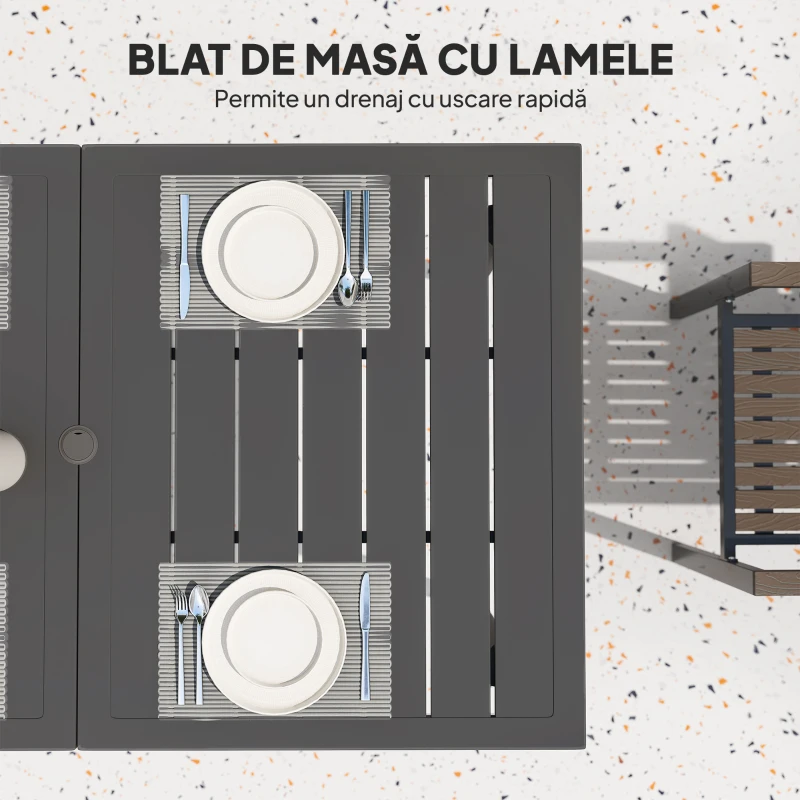 Outsunny Masă de Grădină Dreptunghiulară 150x90x73 cm, Masă de Dining pentru 6 Persoane cu Design cu Lamele și Gaură pentru Umbrelă din Oțel, Pentru Terasă, Balcon și Exterior, Negru