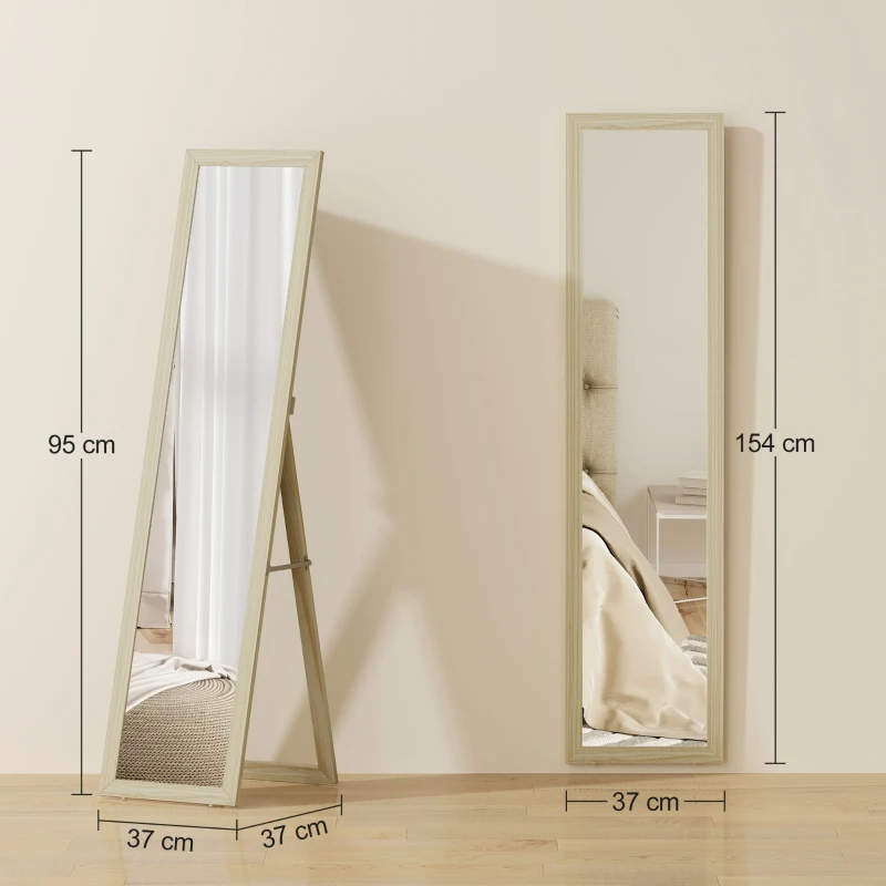 HOMCOM Espejo de pie y mural rectangular de cuerpo entero para vestidor, dormitorio y salón 37x37x154cm madera natural