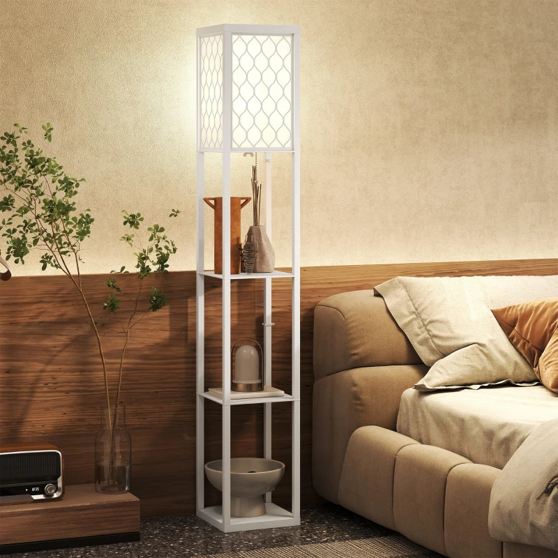 HOMCOM Lampă de Podea 2 în 1 Modernă cu 3 Rafturi, Soclu E27, 26x26x160 cm, Alb