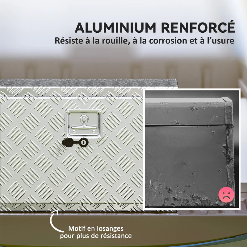 HOMCOM Boîte à outils pour camion en aluminium, 60,9 x 35,5 x 40,6 cm, coffre de rangement 76 L avec serrure et clés, argent