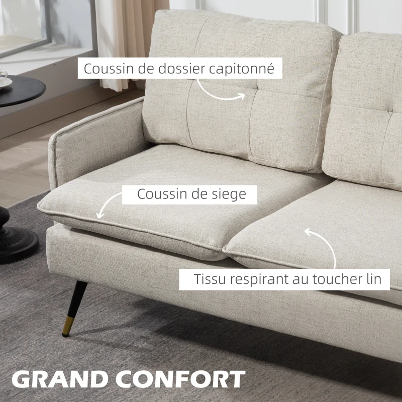 HOMCOM Canapé 2 places, canapé de salon, coussins, assise rembourrée, dossier capitonné, 139 x 68 x 80 cm, crème