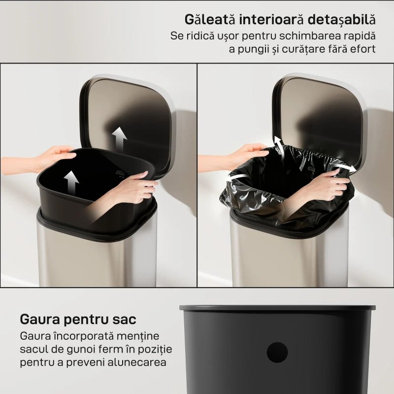 HOMCOM Coș de Gunoi 30L cu Închidere Silențioasă și Recipient Removabil, Coș cu Pedală, pentru Bucătărie, Living, Birou și Cameră de Studiu, 29x36x59.5 cm, Argintiu