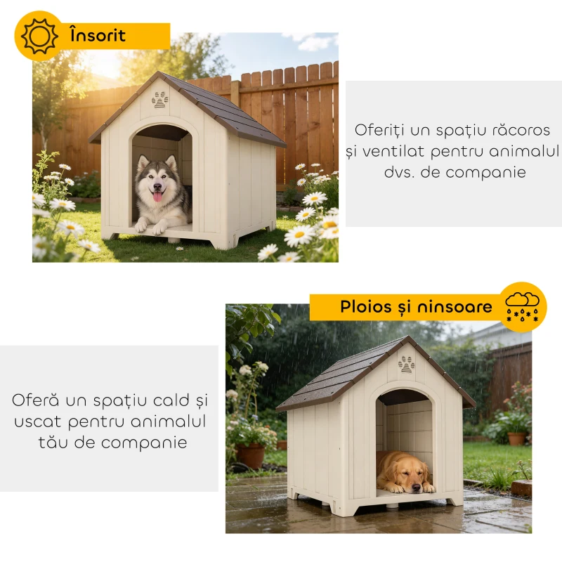 PawHut Căsuță pentru Câini de Exterior, Talie Mare și XL, Căsuță din Plastic Impermeabilă cu Bază Ridicată, Ferestre și Acoperiș Înclinat pentru Grădină, Terasă, Balcon, 102x94x103 cm, Bej