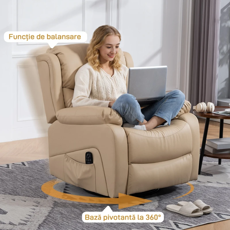 HOMCOM Fotoliu de Ralaxare cu 8 puncte de masaj și Încălzire, Fotoliu Reclinabil cu Suport pentru Picioare, 97x92x104 cm, Bej