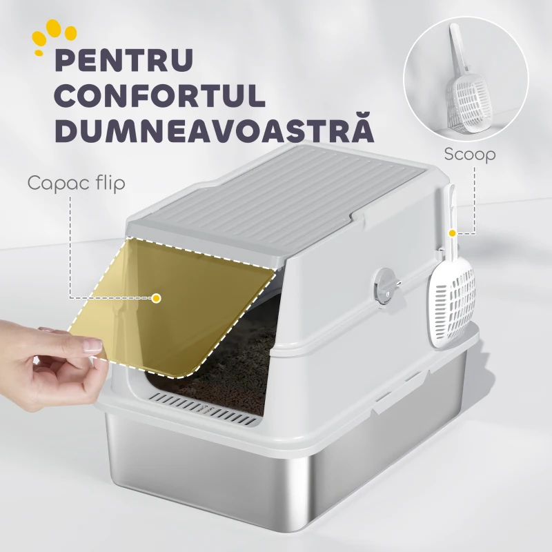 PawHut Litieră Extra Mare din Oțel Inoxidabil, Tavă de Nisip pentru Pisici cu Lopățică, Capac Rabatabil