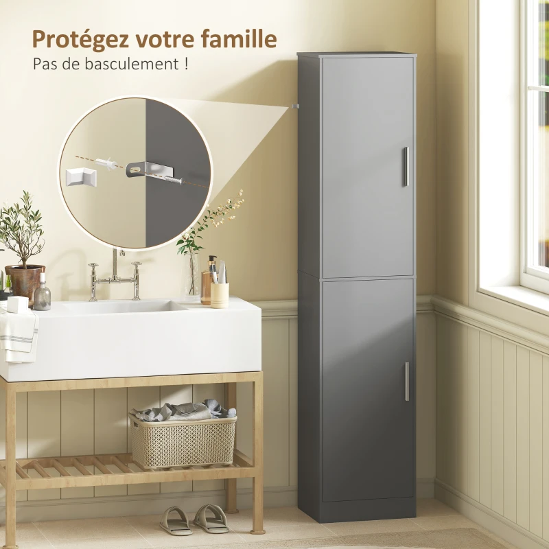 HOMCOM Meuble de salle de bain colonne avec 2 portes et 4 étagères réglables, 40 x 35 x 180 cm, gris
