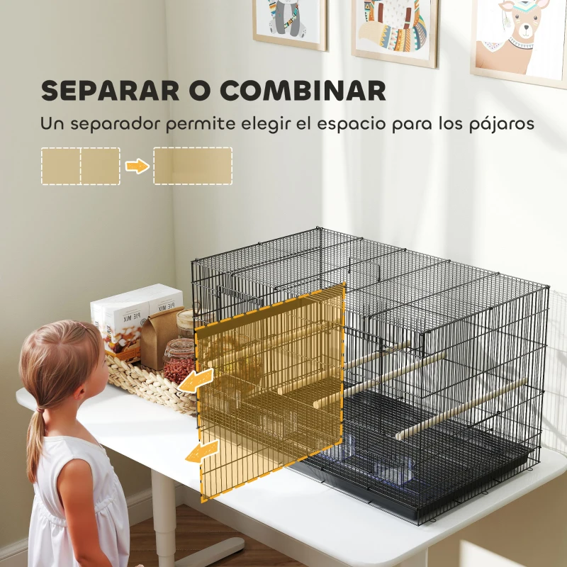 PawHut Jaula para Pájaros con Divisor 4 Comederos 4 Perchas Bandeja Extraíble para Loros Canarios Periquitos 76x46x46 cm Negro