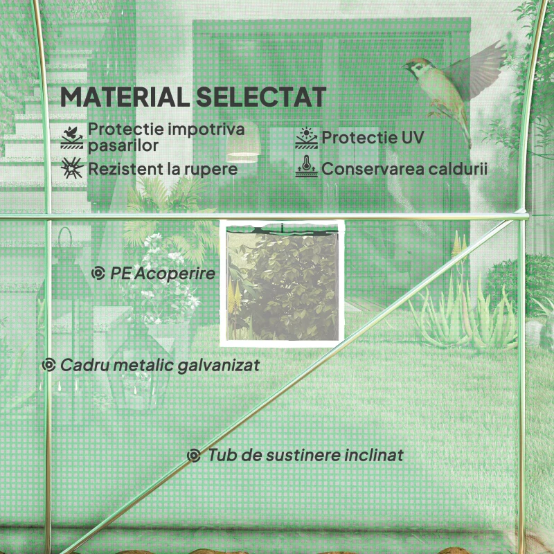 Outsunny Seră de Grădină Tip Tunel 4x2x2 m cu Uși Rulabile și 6 Ferestre, Seră pentru Legume, Fructe, Flori, Structură Metalică și Acoperire PE, Verde