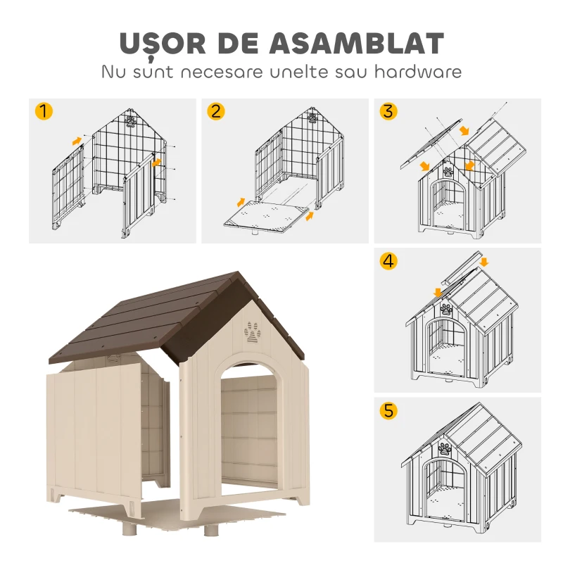 PawHut Căsuță pentru Câini de Exterior, Talie Medie și Mare, Căsuță din Plastic Impermeabilă cu Bază Ridicată, Ferestre și Acoperiș Înclinat pentru Grădină, Balcon, Terasă, 88x78x89 cm, Bej