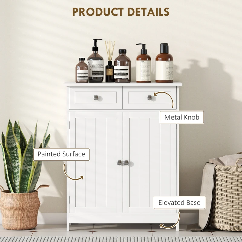 kleankin 75x60cm Freestanding Bathroom Storage Cabinet Unit w/ 2 Drawers Cupboard Adjustable Shelf Metal Handles Traditional Style White