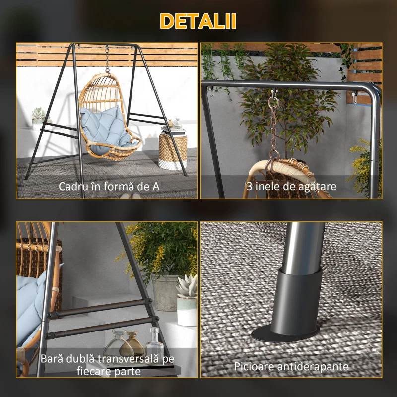Outsunny Suport pentru Scaun Hamac, Cadru Metalic Rezistent pentru Hamac Suspendat, Balansoar de Terasă, Fotoliu Tip Ou, Negru