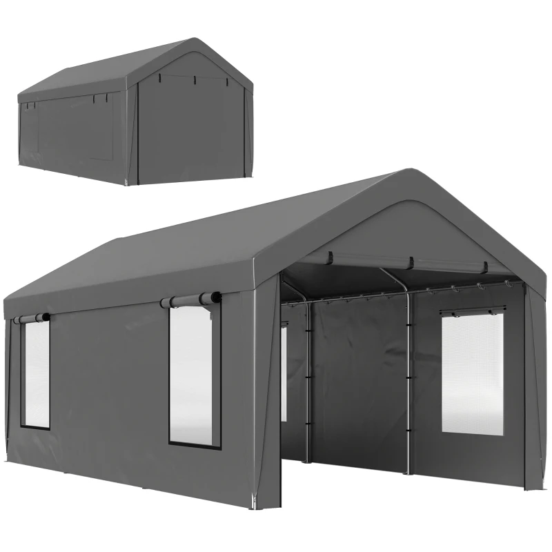 Outsunny Carport tente de garage 3 x 6 m avec parois latérales amovibles, 2 portes enroulables et 4 fenêtres, gris foncé