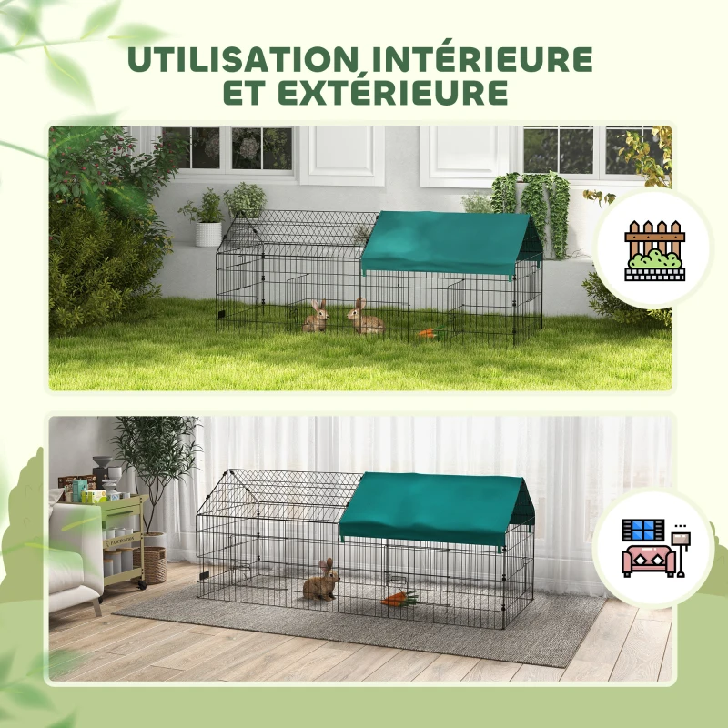 PawHut Parc enclos cage lapin extérieur structure acier avec protection solaire et portes verrouillables 185 x 75 x 75 cm vert