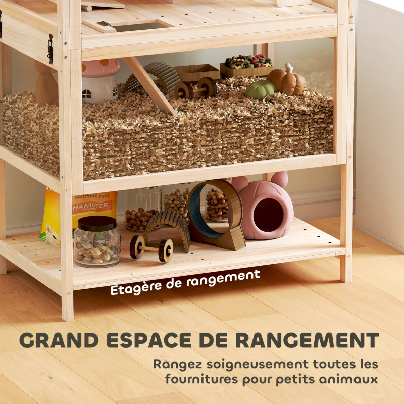 PawHut Cage pour hamster habitat pour rongeur 3 étages avec panneau acrylique et roue 80x53x117cm effet bois naturel