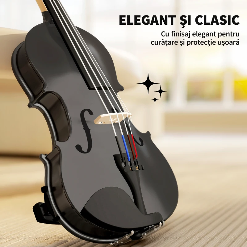 HOMCOM Vioara 4/4 din Lemn de Molid și Artar cu Husă, Arc, Sprijin pentru Umăr și Colofoniu, Negru